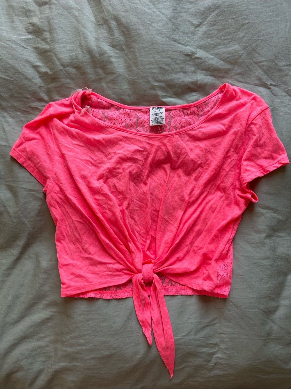 PINK Victoria’s Secret Neon Tie-Front Lace Back Crop Top